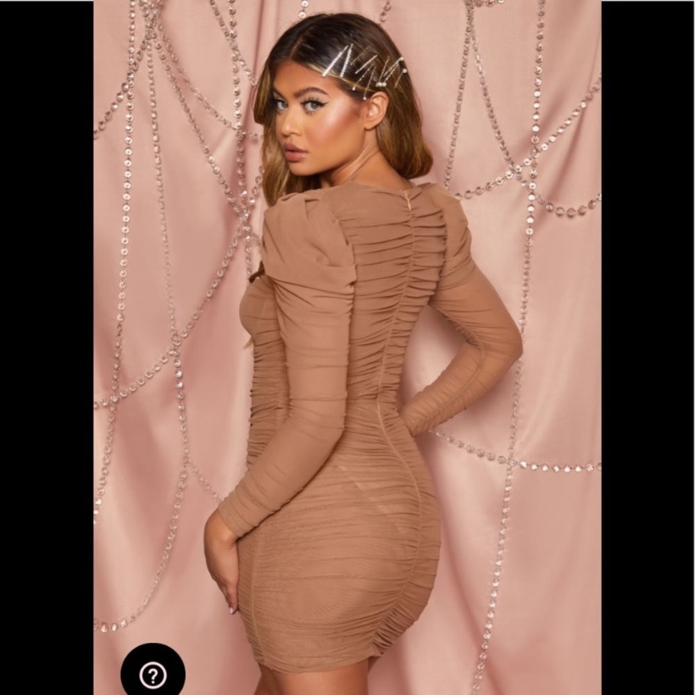 Ohpolly Sexy Nude Tan Mesh Puff Sleeve Sheer Dress - Picture 2 of 5